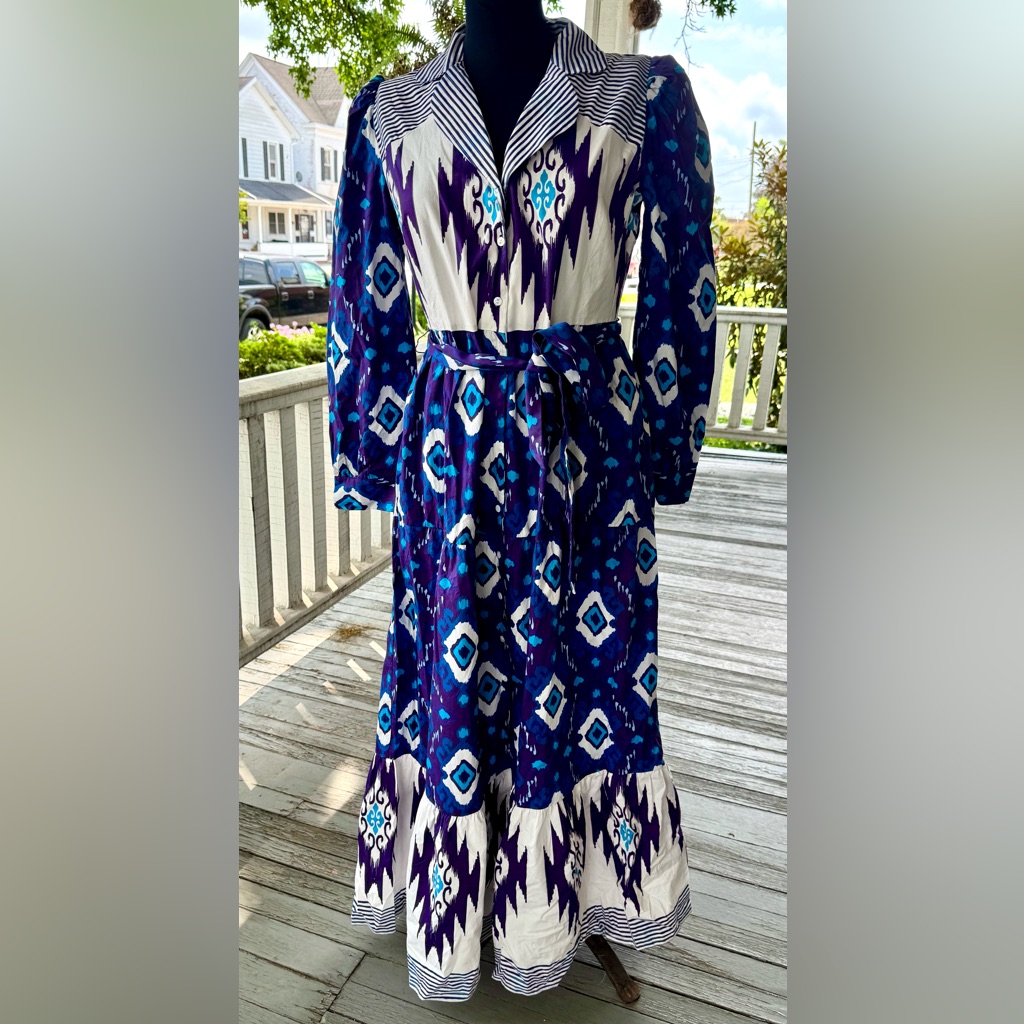 Garrie B Blue And White Patterned Long Sleeve Dress